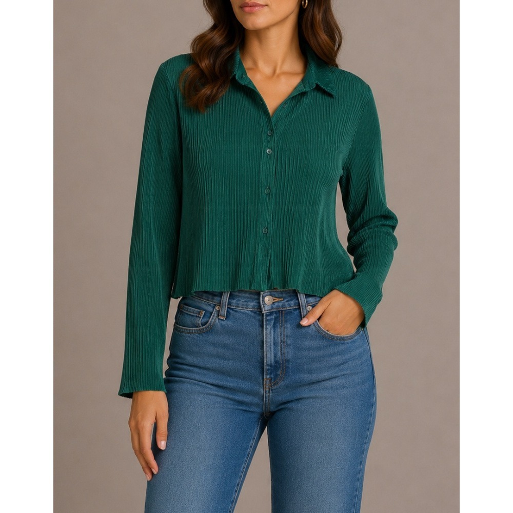 RO&DE Green Plisse Pleated Button Down Shirt Long Sleeve Blouse AGU9039T Small